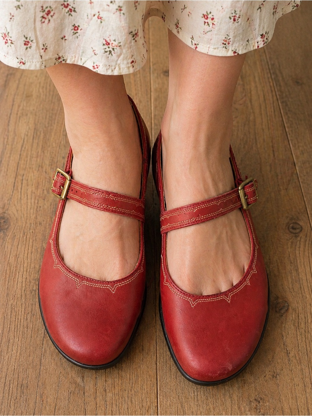 Hush Puppies Burgundy Leather Mary Jane Wedges with Buckle Strap